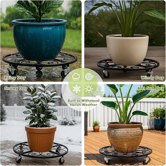 4 Pack Plant Caddy with Wheels 18 Inch Rolling Plant Stand for Large Plants Heavy Duty Plant Rollers Metal Plant Dolly Rustproof Planter Stand Wrought Iron Plant Stands Flower Cart Outdoor