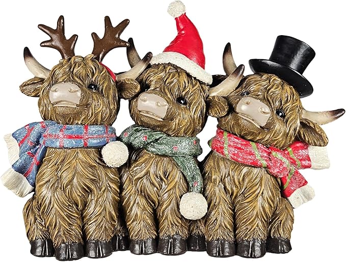 Scottish Holiday Highland Cows Trio with Christmas Accents | Resin Cows with Santa Hat & Antler Accents | Seasonal Xmas Decor for Centerpiece, Mantel, Kitchen, Dining Room, and More | 7 ½ inches tall