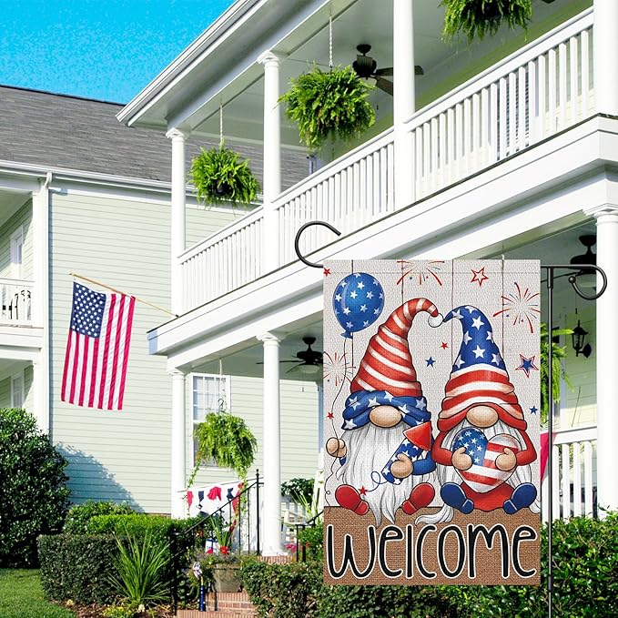 4th of July Garden Flag 12x18 Double Sided Vertical Small Burlap Welcome Patriotic Gnome Independence Day Memorial Day Yard Outdoor Decoration