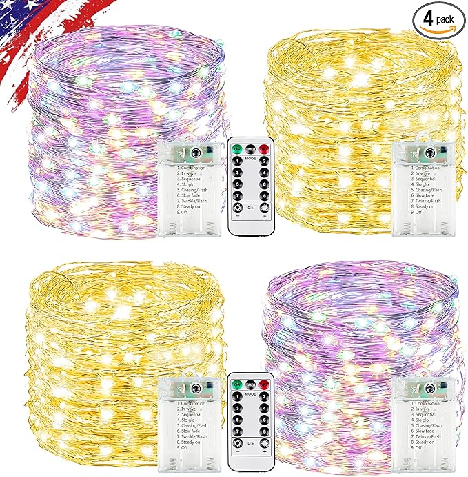 4Pack 80FT 240LED Fairy Lights Battery Operated with Remote & Timer 8 Modes Twinkle String Lights Battery Powered Indoor Outdoor Waterproof for Bedroom Wedding Christmas Décor Warm White & Multicolor