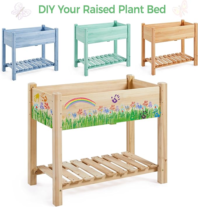 Topeakmart Raised Garden Bed Elevated 2 Tiers Wood Planting Bed Above Ground Planter Box for Vegetables Flowers Herbs Yard Outdoor, 34x18x30in