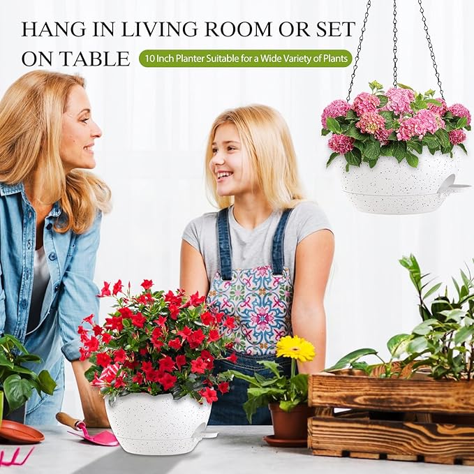SQKH 10 Inch Hanging Baskets 2 PC with Chains, Self-Watering Hanging Planters for Indoor Outdoor Plants, Plastic Hanging Flower Pots,Speckled White