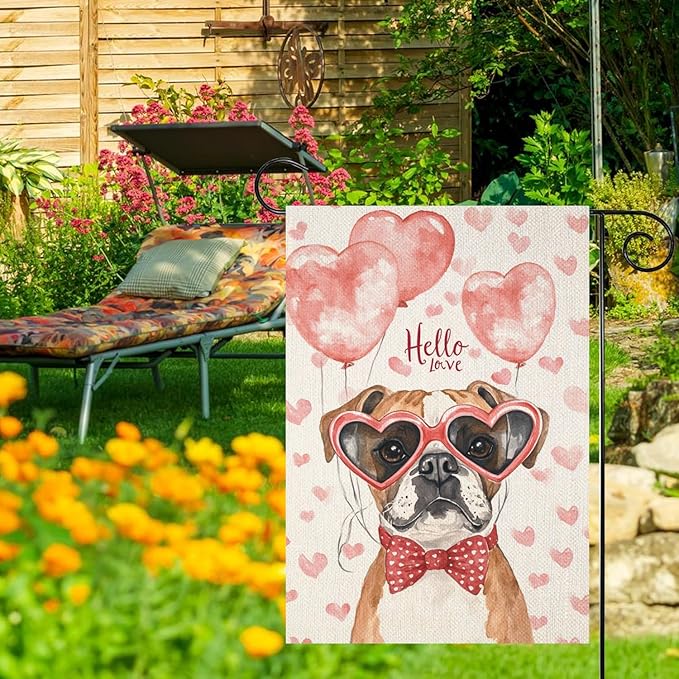 Valentine's Day Boxer Dog Hello Love Garden Flag, House Yard Plaid Love Heart Outside Decoration, Spring Holiday Wedding Anniversary Outdoor Small Decor 12x18(12636)