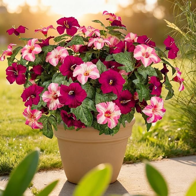 Brlita 19 Inch Artificial Flowers for Outdoor Indoor Garden Home Decoration,Faux Flower for Home Office Garden Patio Balcony 4 Bundles (Rose red Pink)