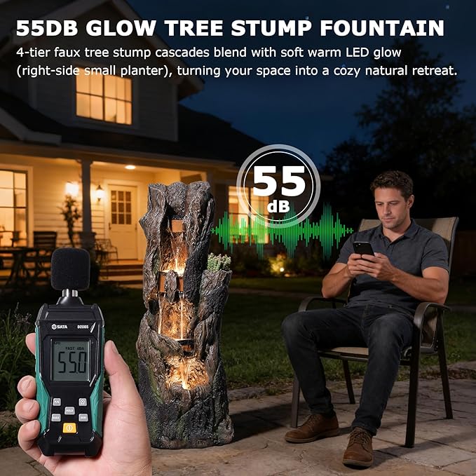 43.7''H Water Fountain Outdoor, 4 Tiered Large Tree Trunk Outdoor Freestanding Cascading Waterfall with LED Lights, Floor-Standing Water Feature for Garden, Yard, Patio, Porch, Home Art Decor