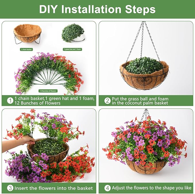 INQCMY Artificial Flowers Hanging Baskets for Outdoors Spring Decor, 12 Bundles Fake Plants Faux Silk Daisy with Eucalyptus Stem UV Resistant for Outside Patio Balcony Garden(Red Purple)