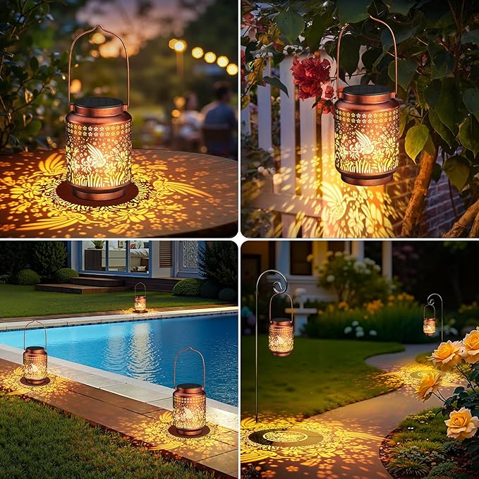 KOOPER 2 Pack Solar Lanterns Outdoor Waterproof Birthday Gifts for Women Mom Grandma, Upgraded Hummingbird Hanging Solar Lantern Lights Outdoor, 2 Modes Metal Outdoor Decoration for Yard, Patio