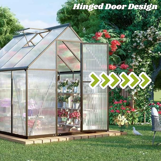 8x8 FT Greenhouse for Outdoors, Polycarbonate Greenhouse with Quick Setup Structure and Roof Vent, Aluminum Large Walk-in Green House for Outside Garden Backyard, Dark Gray