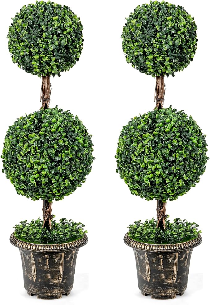DREAMADE 3ft Boxwood Topiary Tree Artificial for Indoor/Outdoor, Fake Shrub Plant w/Cement-Filled Plastic Pot, Faux Topiary Ball Trees for Front Porch Garden Home Office Wedding Backyard Set of 2