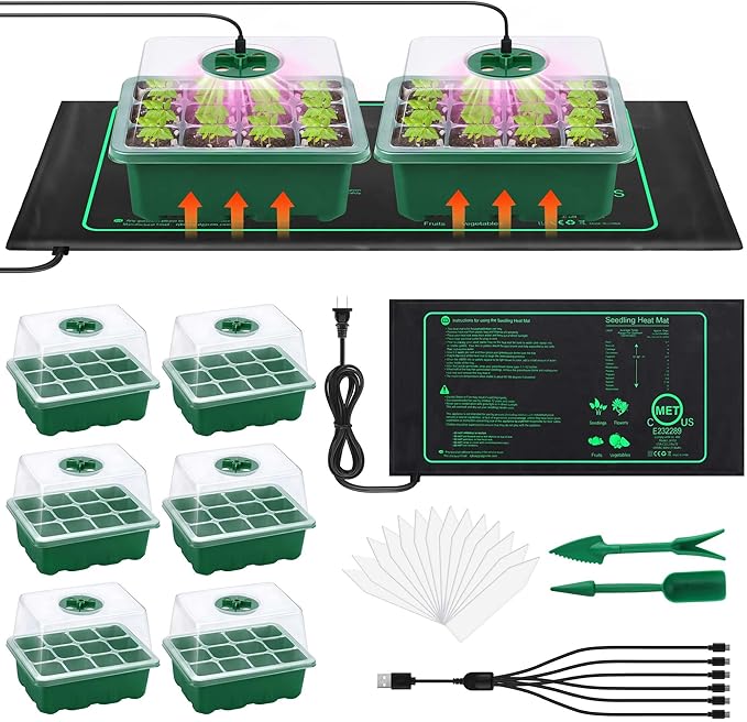 6 Pack Seed Starter Tray Kit with Grow Light and Seedling Heat Mat 72 Cells Seed Starter Tray with Humidity Dome and Base Plastic Plant Growing Germination Trays for Seed Propagation, Green
