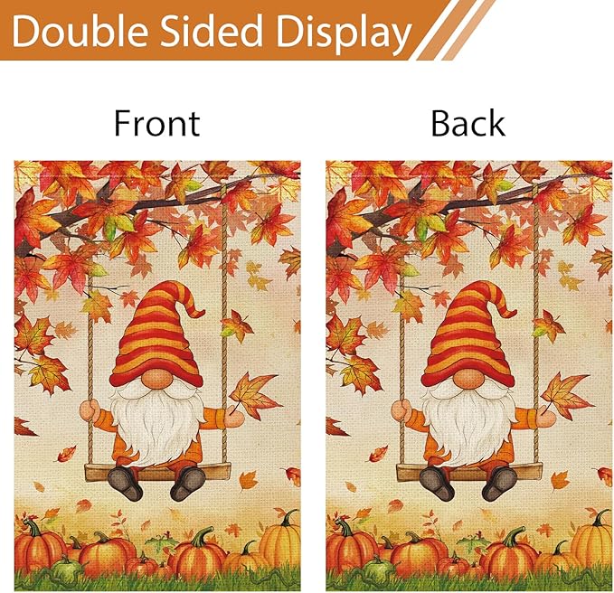 Heyfibro Fall Gnome Welcome Garden Flag 12x18 Double Sided Burlap, Autumn Pumpkin Maple Leave Yard Flags for Thanksgiving Rustic Farmhouse Seasonal Outside Outdoor Decoration (ONLY FLAG)