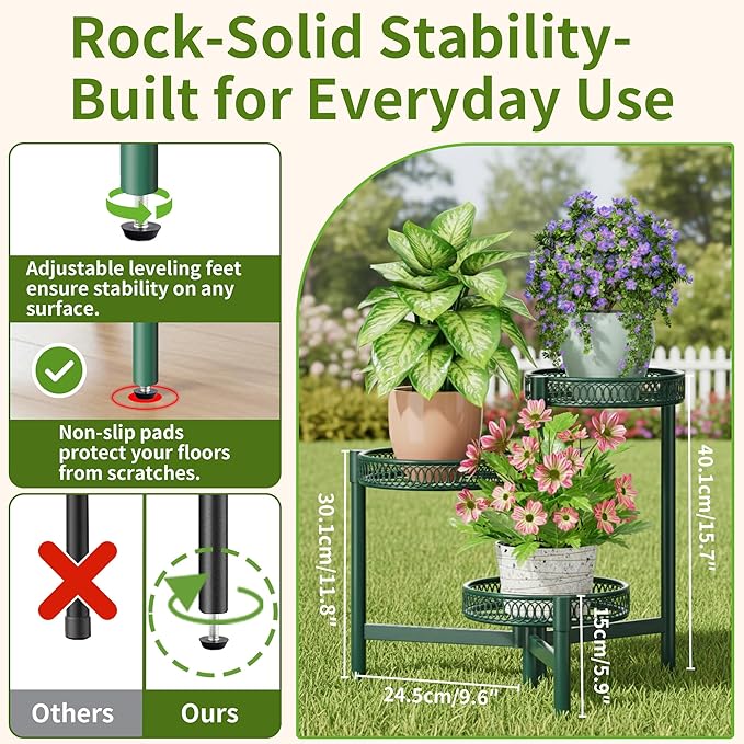 NQW Plant Stand Indoor Outdoor, 3 Tier Corner Metal Flower Display Holder Shelf, Folding Tall Plant Rack for House Patio Balcony Porch Garden Living Room, Heavy Duty Anti-Rust Wrought Iron - GreenFlower
