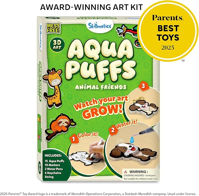 Skillmatics 3D Art Kit - Aqua Puffs Animals, Mess-Free Paint by Number Craft for Kids, DIY Color & Inflate Activity, Travel & Creative Gift for Girls & Boys Ages 4, 5, 6, 7, 8, 9, 10