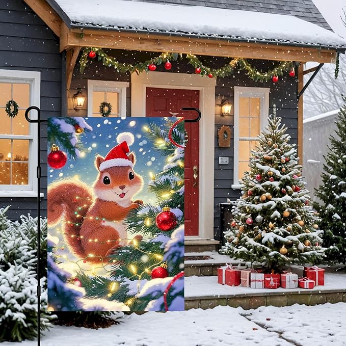 IVN Christmas Garden Flag 12x18 Inch Cute Squirrel in Santa Hat with Red Ball Ornaments and Snowy Tree Flag Double Sided Outdoor Yard Banner for Porch Lawn Patio Decor Holiday Winter
