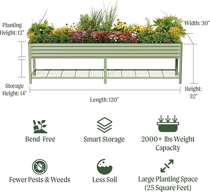 Elevated Raised Garden Bed- Jumbo Series, 2.5' x 10' Outdoor Planters Box with Legs & Storage Rack for Patio, 2000+ Lbs Weight Capacity, Raised Beds for Gardening Herbs Vegetables Flowers, Olive Green