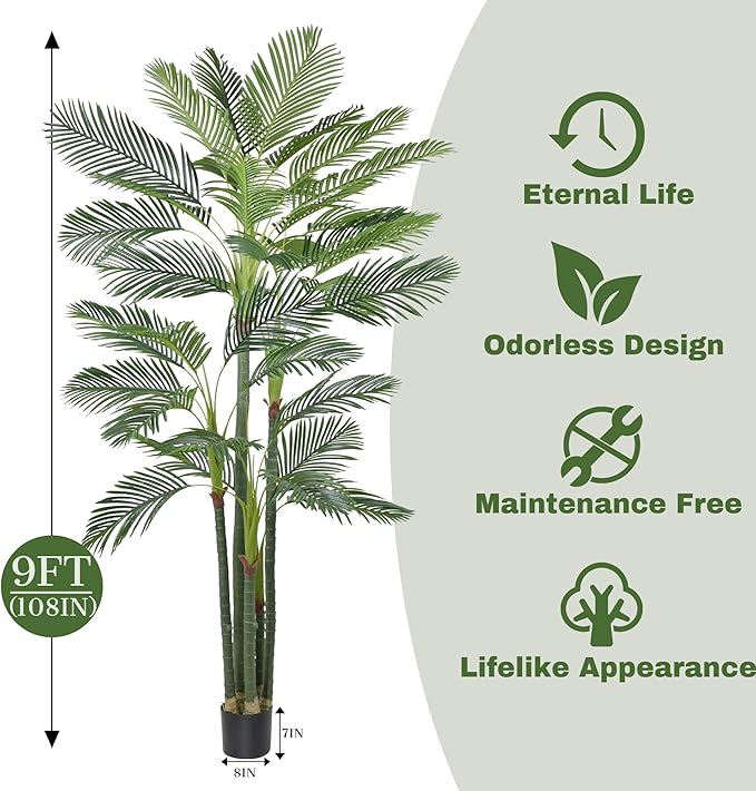 Artificial Palm Tree 9FT(108in) Tall Faux Tree with Large Trunks and 35 Realistic Leaves, Fake Tropical Floor Potted Artificial Plants for Home Office Living Room Indoor Decor (9feet,1Pack)