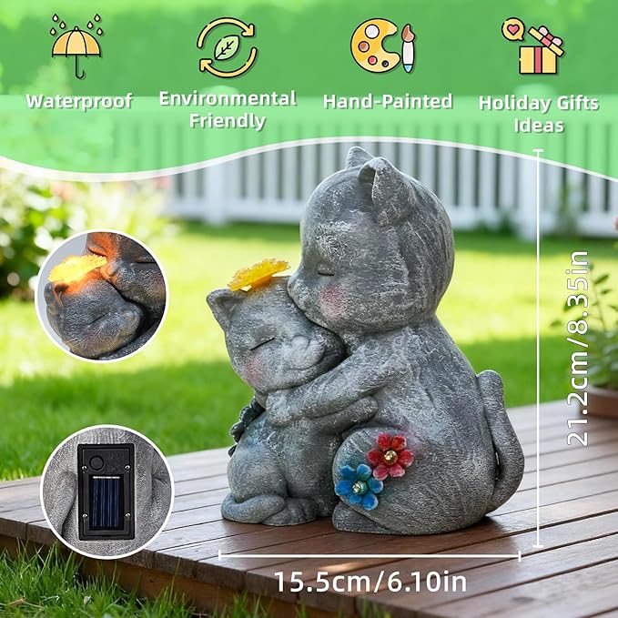 Komothala Solar Garden Statue Light, Cute Cats with Flowers Outdoor Deco for Patio, Lawn, Yard, Housewarming Birthday Gifts for Cat Lovers, Mom,Grandma,Women (Grey Cat)