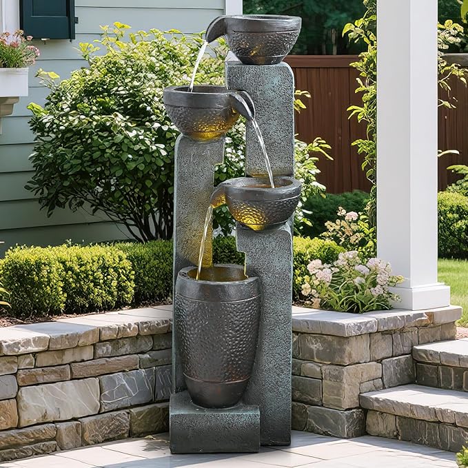 40" Inch Water Fountain Outdoor&Indoor 4-Tiers Large Outdoor Patio Decor Gray Garden Water Fountain for Outside Waterfall with LED Light&Pump Resin Modern Floor-Standing Water Feature Outdoor