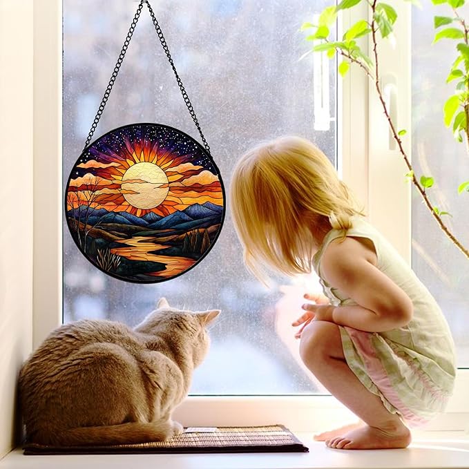 DASTOLL Stained Glass Window Hanging, The Sun Shines Brightly on Lake Sun Catchers Colorful Glass Panel Suncatcher Decor for Birthday for Women, Men, Wife, Lovers, and Mom 11.8x11.8 in