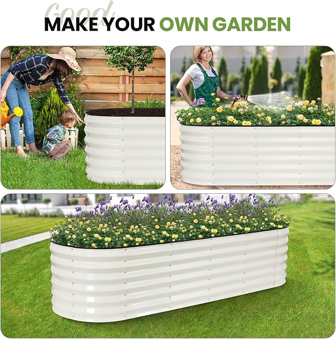 G GOOD GAIN Raised Garden Beds - 6x2x1.4ft Galvanized Planter Boxes Kit with Protective Tape & Gloves & Tools | Oval Metal Outdoor Raised Bed for Gardening Vegetables, Fruits, Flowers, Herbs, White