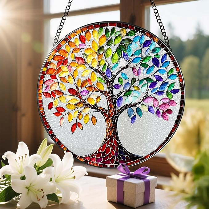 LAOWEIKI 8'' Tree of Life Sun Catcher Ornament, Stained Glass Window Hanging, Suncatchers for Windows Hanging Ornaments, Window Decor | Housewarming Gift, Gifts for Mom & Grandma