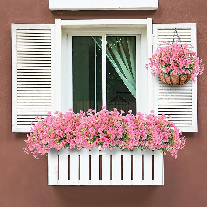 Artificial Flowers for Outdoors 12 Bundles Realistic Faux Plants UV Resistant Fake Silk Morning Glory with Eucalyptus for Front Door Planter Patio Porch Outside Spring Summer Decoration (Pink)