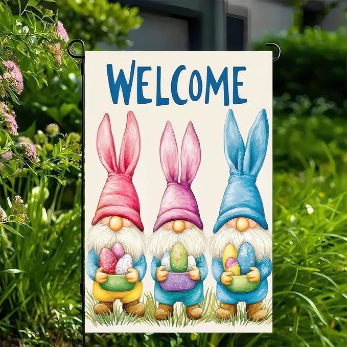 Happy Easter Garden Flag 12 x 18 inch Double Sided Three Cute Gnomes Yard Flag Welcome Easter Colors Egg Garden Flag for Home Lawn Outdoor Decorations