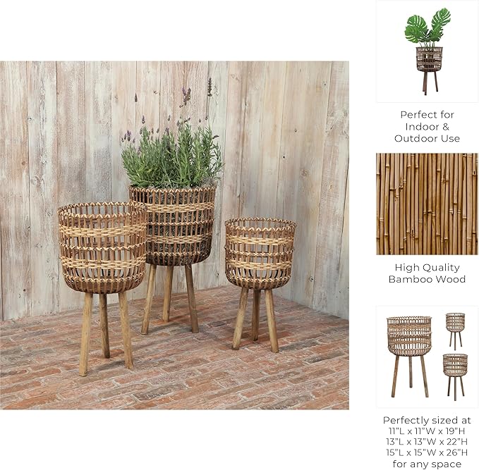 Sagebrook Home Set of 3 Wooden Planter Stands Bamboo Decorative Flower Pots for Indoor Outdoor Use, Rustic Woven Plant Holders with Legs for Home & Garden Decor, 19", 22"& 26" H