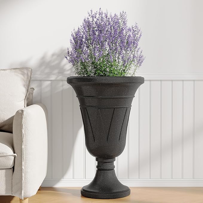 seethmi 23" Tall Planters for Outdoor Plants Set of 2, Planter with Drainage Holes and Trophy Design, Large Outdoor Planters for Porch, Garden, Black