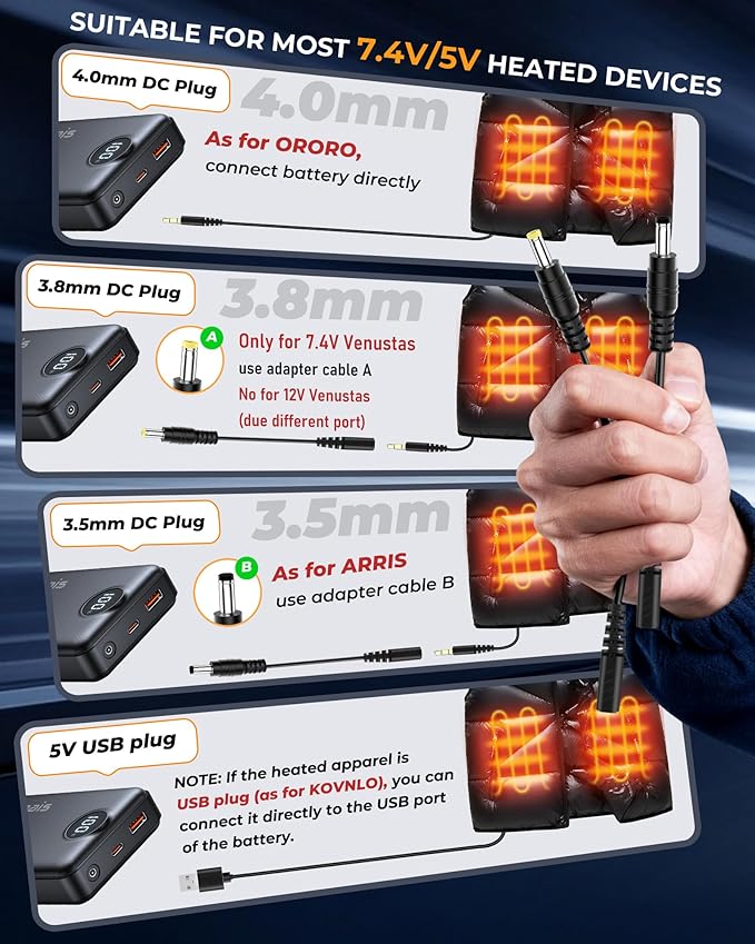 7.4V 5V 20000mAh Heated Vest Battery Pack Compatible with ORORO, for 7.4V Venustas, Battery Pack for Heated Vest with 7.4V DC Port, Rechargeable Power Bank for OCQOCQ, for TODWARM, for Weamest(No 12V)