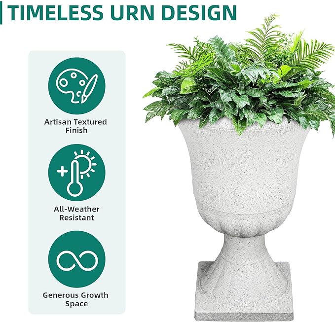 Autodaya 22" Urn Planters Outdoor Planter for Plants Set of 2 Timeless Plastic Large Flower Pot with Drainage Hole Terrazzo White Garden Pots for Porch, Patio Christmas Decor