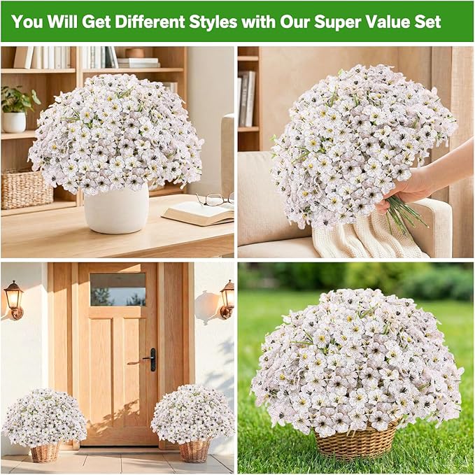 22 Pack Artificial Flowers Outdoor, Faux Flowers UV Resistant with Plastic Plants, Faux Silk Flowers for Outdoors Outside Front Porch Hanging Planter Window Box Garden Decoration(White)