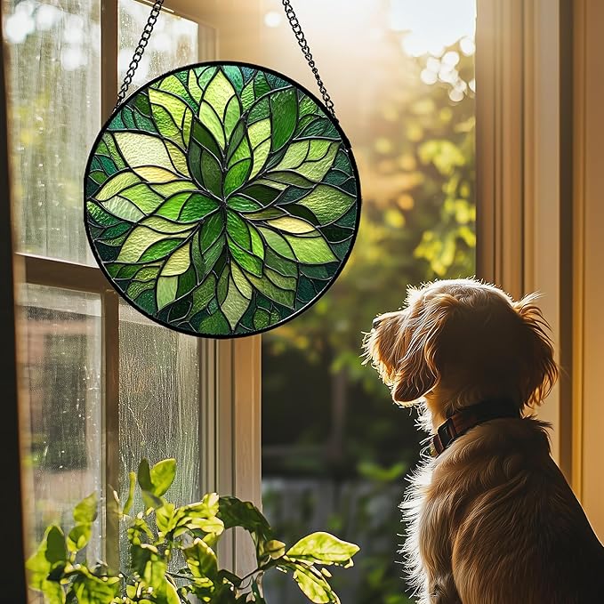 HWRHTR Stained Glass Window Hanging - Green Gradient Flowers Suncatcher for Doors Window Home Plant Sun Catchers Decor Christmas Mother's Day Birthday Gifts for Teacher Women Men Mom Nana 9.8 in