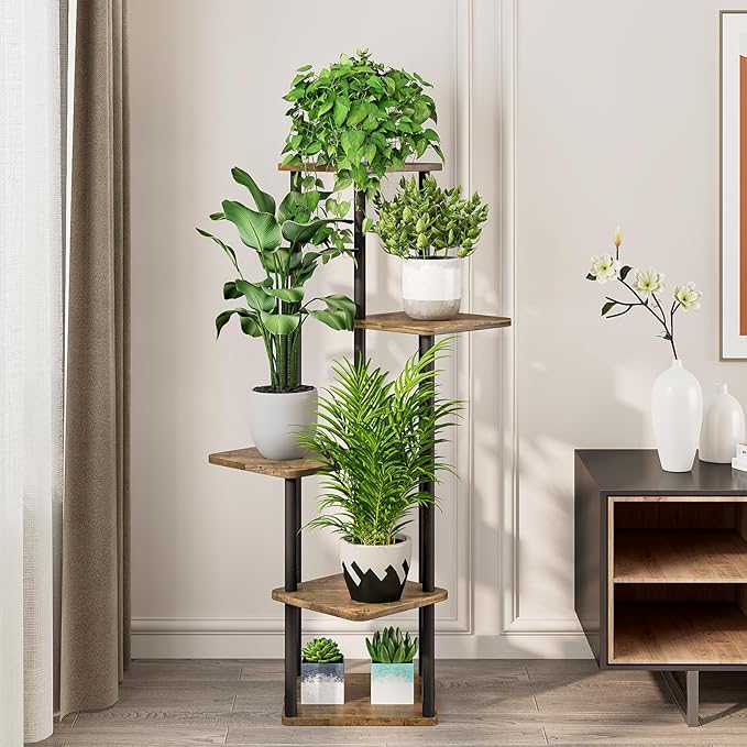 YOCOMEY 5 Tier Wood Tall Plant Stand Metal Rack Indoor, Multiple Flower Pot Holder Shelves Corner Rack, Planter Shelf Display Rack Storage Organizer for Patio Living Room Balcony Garden(Black)