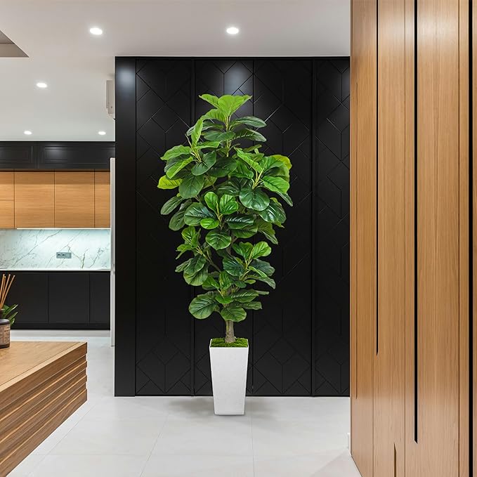 KOPWVA Artificial Fiddle Leaf Fig Tree 6ft, 6 Feet Large Tall Fake Plants Indoor with Modern Style Planter, Artificial Silk Tree for Home Office Living Room Decor Indoor, More Lifelike & Lush (White)
