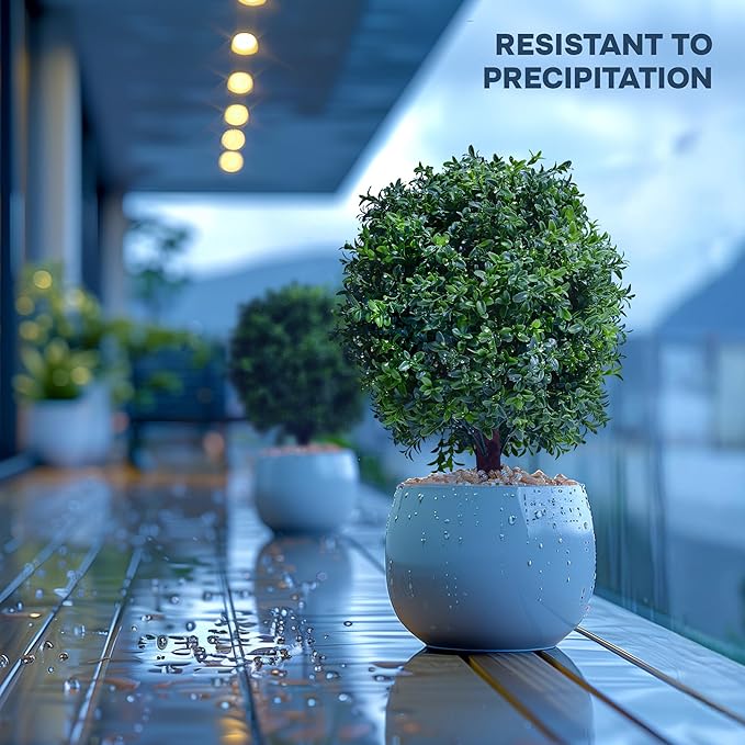 Artificial Plants Indoor Outdoor - Set of 2 Topiary Boxwood Trees – 24” High Pre-Potted Faux Trees - Plant Decor for Front Porch Home Office - Topiary Ball