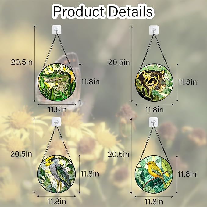 DASTOLL Stained Glass Window Hanging 4 Pcs Set Green Plants Animals Theme Large 11.8" - Bird Tiger Suncatcher Door Garden Sun Catcher Decor Birthday for Mom Woman Nana Men Friend