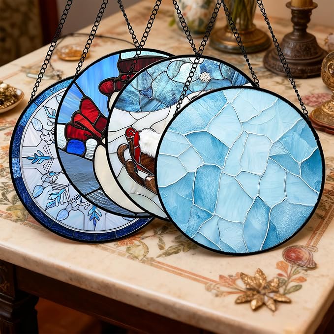 AMDERVEN Stained Glass Window Hanging 4 Pcs Set Blue White Christmas Snowman Snowflake Large 15" - Suncatcher Door Garden Sun Catcher Decor Birthday Mother's Day Xmas Gifts for Mom Woman Nana Men