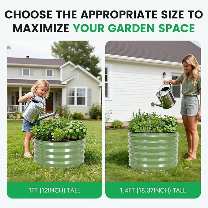 INNO STAG 3 Pcs Round Galvanized Raised Garden Bed — 2×2×1.4ft Planter Box Outdoor Raised Beds Kit for Gardening Vegetables, Fruits, Herbs, and Flowers, Olive Green