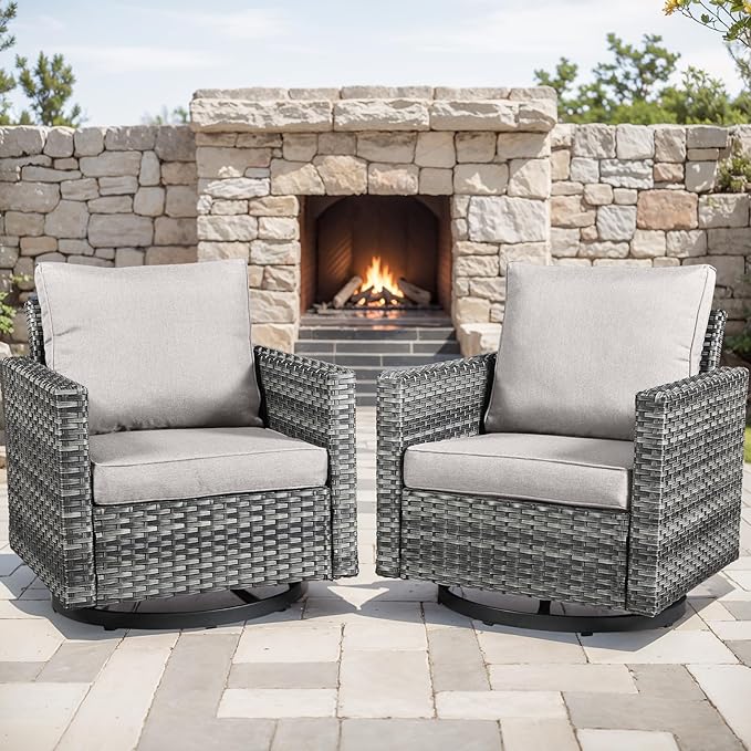 Outdoor Patio Swivel Rocker Chairs - Wicker Patio Swivel Rocking Chairs Set of 2 with Waterproof Wicker,Comfortable Cushions and Sturdy Metal Frame for Outside Porch Deck Backyard(Mixed Grey/Beige)