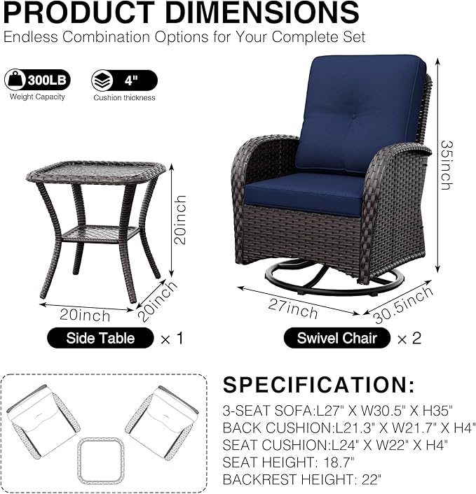 Joyside Outdoor Swivel Rocker Chairs, 3 Piece Wicker Patio Set with Thickened Cushions, High Back, Deep Seating, Wide Armrest, Outdoor Swivel Chairs for Porch, Deck