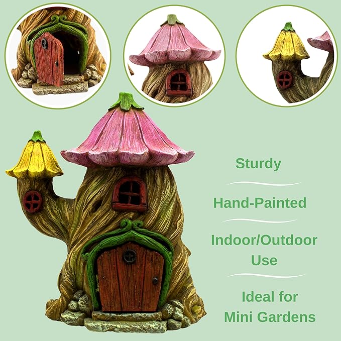 PRETMANNS Fairy House Kit - Fairy Garden Accessories for Outdoor Miniature Village Decor, with Fairies & Sign - Flower Stump House, 7" High & Door can Open Wide - 4 Piece Supplies