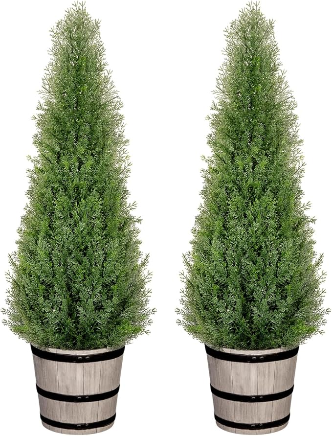 VIVATREES 3FT Artificial Cedar Topiary Trees with Rustic Barrel Planter, Outdoor Indoor Realistic Faux Pine Shrubs Plants, Fake Cypress Trees for Home Offices Porch Decor, Set of 2