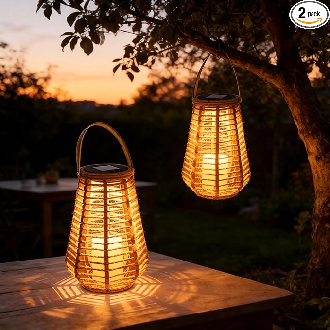 Solar Lanterns Outdoor Waterproof, Imitation Candle Lantern in Bohemian Style for Garden, Backyard, Patio Decor, Birthday Gifts for Women Mom Grandma, Hanging Garden Lights for Outside (2 Pack)