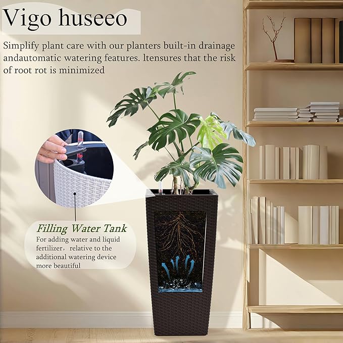 Vigo huseeo 30in Tall Planter, Self Watering Pots for Indoor/Outdoor Plants with Drain Holes, Water Level Monitor, Inner Bucket for Front Porch Patio, Brown Large(1 Set)