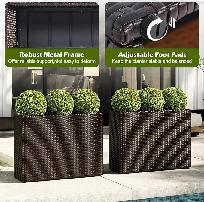 24" Tall Raised Garden Beds, 2 Pieces All-Weather PE Wicker Rattan Flowerpot with Removable Liner, Indoor Outdoor Modern Planter Rectangular Elevated Planter Box for Front Porch & Deck
