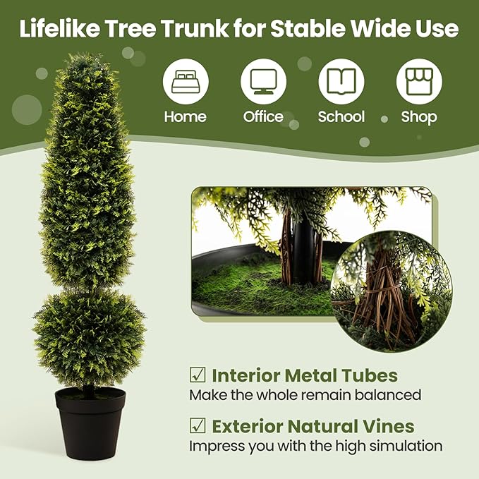 Goplus 4FT Artificial Cedar Topiary Trees for Outdoors, Set of 2 Faux Potted Plants Cypress Trees with Natural Vines, Cement Pot, Fake Evergreen Artificial Topiary for Indoor Home Front Porch Decor