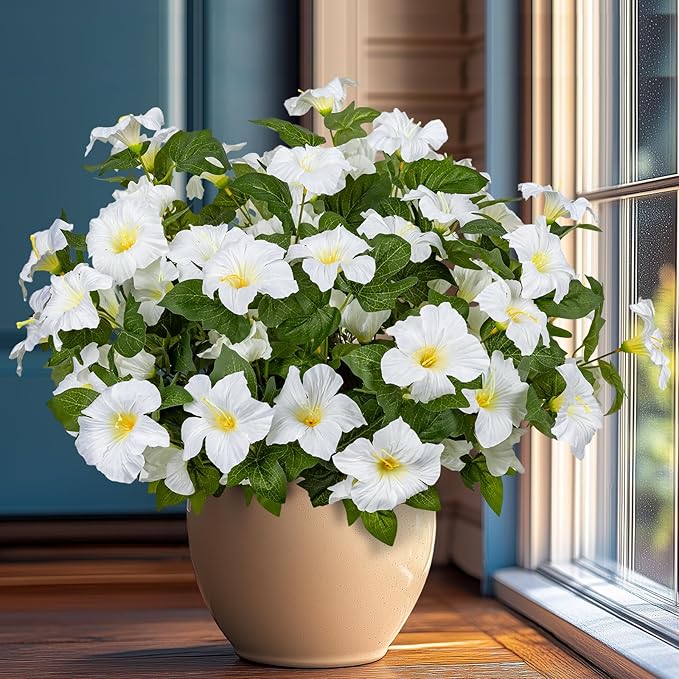 Brlita 19 Inch Artificial Fake Flowers for Outdoor,4 Pcs Faux Silk Petunias Spring Flowers for Outside for Indoor Porch Planter Front Door Garden Patio Window Box Home Decor(White)