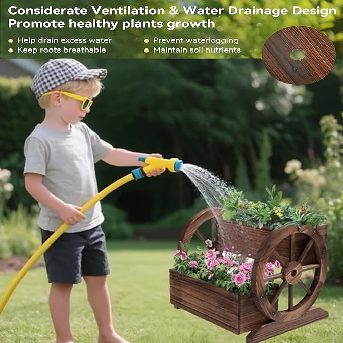 NestNature Wooden Wagon Planter Box,Raised Garden Bed,Decorative Garden Planters with Wheels-Outside Flower Pots for Indoor/Outdoor Décor Plants