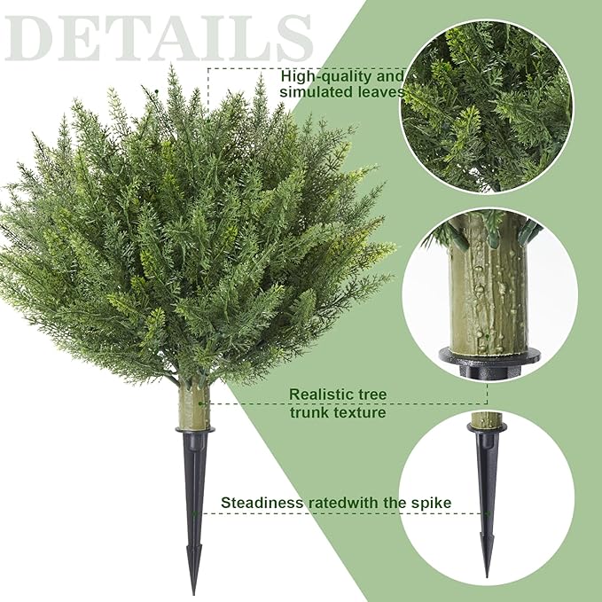 15.7" Christmas Fake Shrubs, Artificial Cedar Ball Tree Plant, 2 Packs of Fake Cedar Outdoor shrubs with Ground Spike, UV Resistant Fake shrubs, Used for Indoor and Outdoor Front Porch Gardens